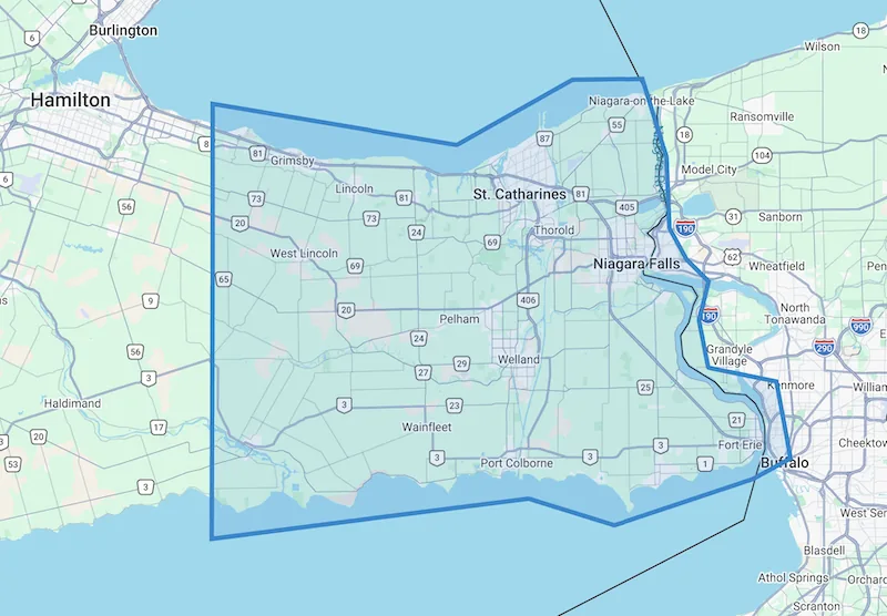 Map showing the RC Ellens coverage area across Niagara